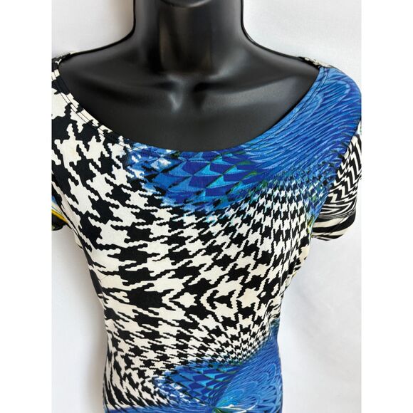 J Y2K Houndstooth Mini Bodycon Dress Size S Blue 2000s Floral Abstract Date Cute - Picture 2 of 9
